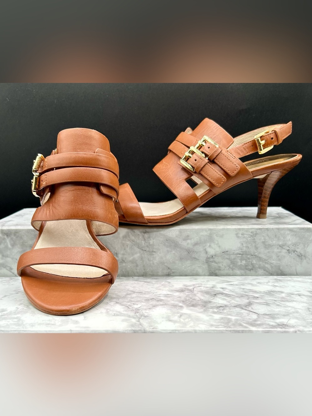 MICHAEL MICHAEL KORS Tan Leather Strappy Heels Gold Buckle Hardware. Size 6.5 - Picture 1 of 15